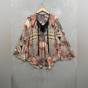 Mechant Women’s Large Sheer Black And Red Abstract Print Long Sleeve Tunic Top